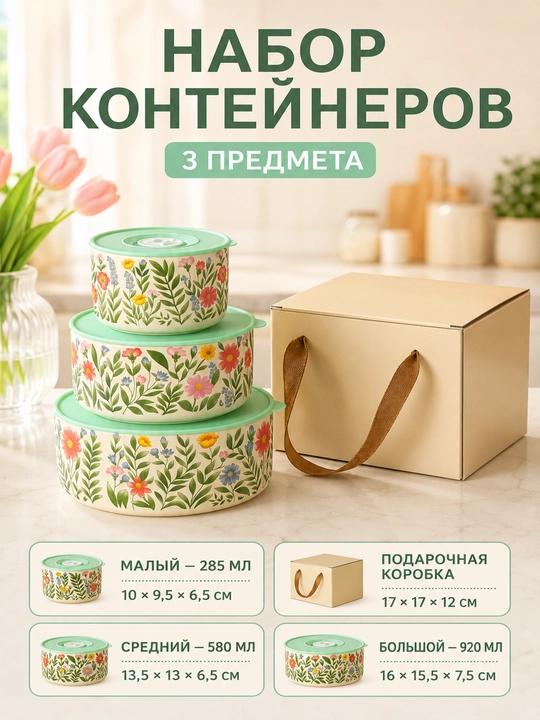 Набор керамических контейнеров с крышками, 3 предмета, 285/580/920 мл - 