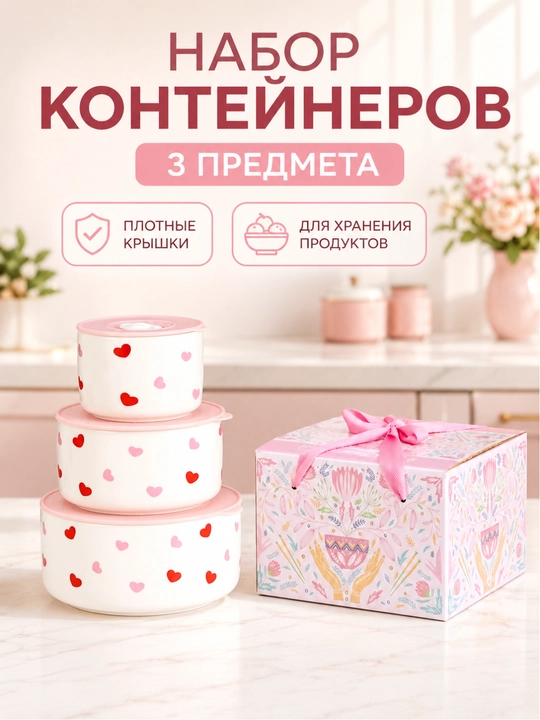 Набор керамических контейнеров с крышками, 3 предмета, 285/580/920 мл - 