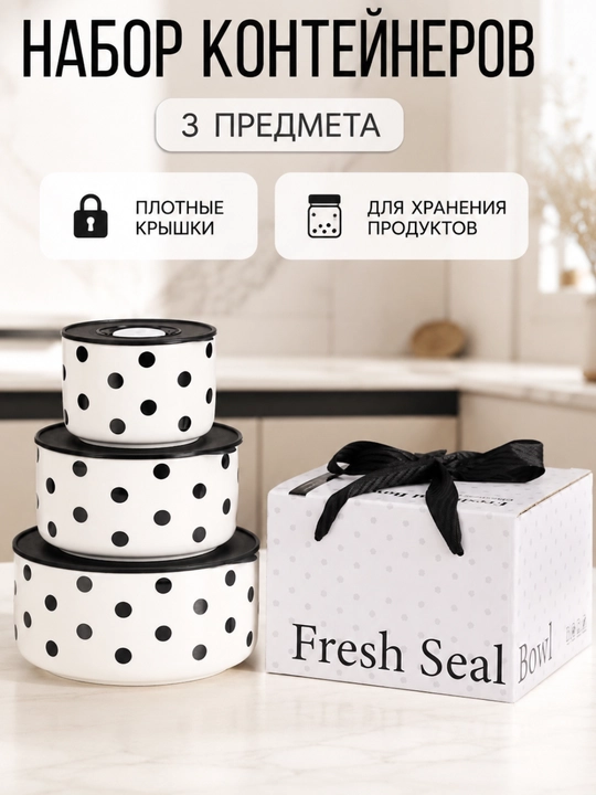 Набор керамических контейнеров с крышками, 3 предмета, 285/580/920 мл - 