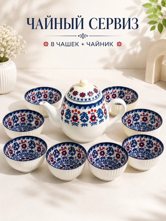 Keramik choy to‘plami, sharqona naqshli choynak va piyolalar, sovg‘a uchun servis - 
