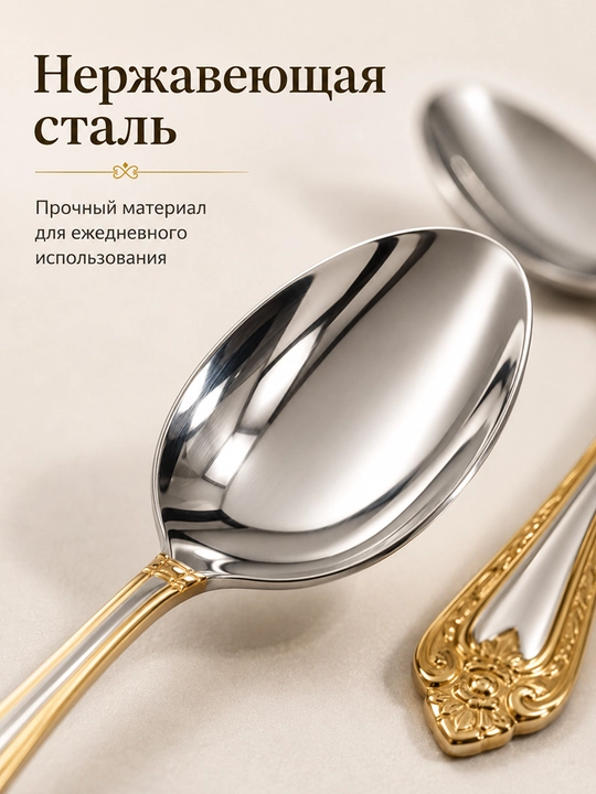 Набор столовых ложек 6 шт, из нержавеющей стали, с золотым декором, приборы для кухни