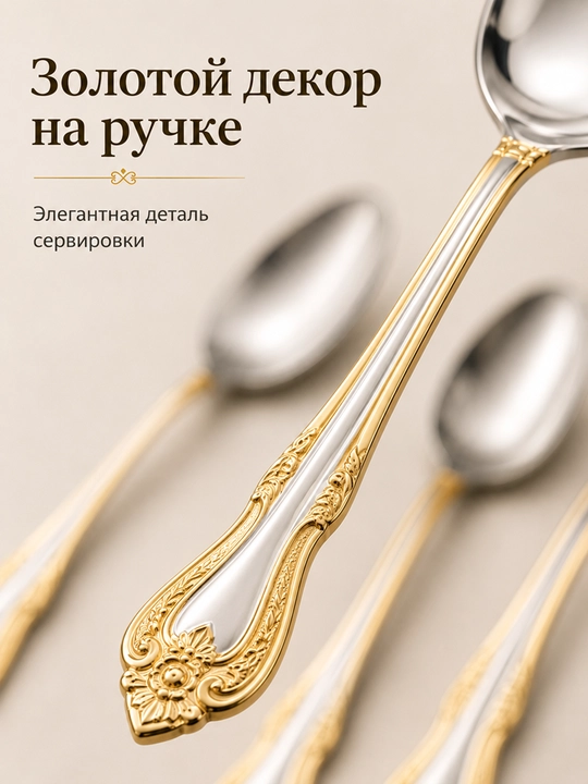 Набор столовых ложек 6 шт, из нержавеющей стали, с золотым декором, приборы для кухни