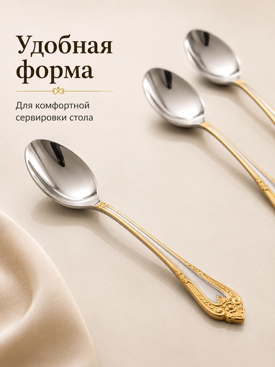 Набор столовых ложек 6 шт, из нержавеющей стали, с золотым декором, приборы для кухни