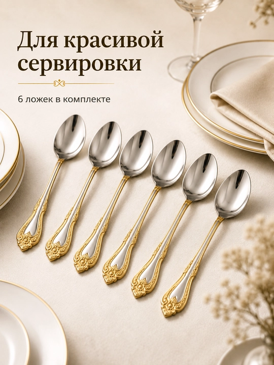 Набор столовых ложек 6 шт, из нержавеющей стали, с золотым декором, приборы для кухни
