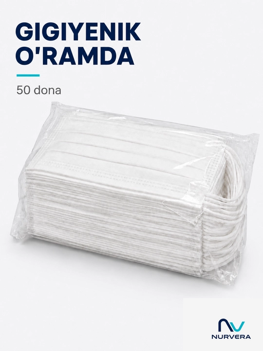 Bir martalik filtrli yuz niqoblari NURVERA, 3 qatlamli, 50 va 10 donalik qadoqda