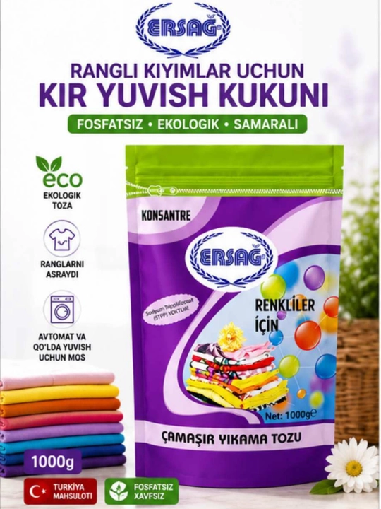 ERSAG rangli kiyimlar uchun kir yuvish kukuni, 1000 g, konsentrat, fosfatsiz poroshok