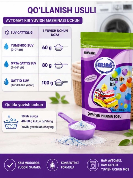 ERSAG rangli kiyimlar uchun kir yuvish kukuni, 1000 g, konsentrat, fosfatsiz poroshok