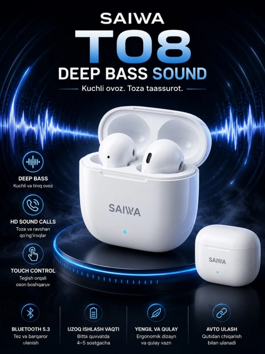 SAIWA T10 T08 беспроводные Bluetooth наушники, Deep Bass, Touch Control, HD-звонки