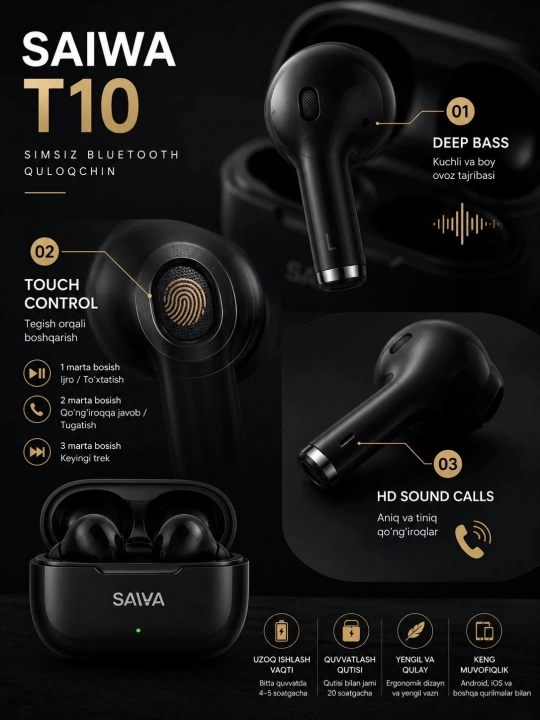SAIWA T10 T08 беспроводные Bluetooth наушники, Deep Bass, Touch Control, HD-звонки
