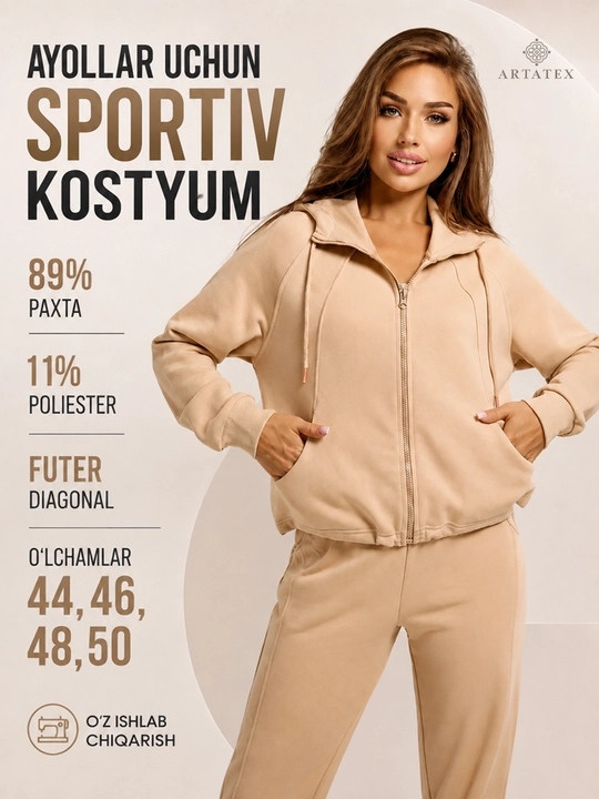 Ayollar sport kostyumi, ikki qismli, kapyushonli, zamokli huddi