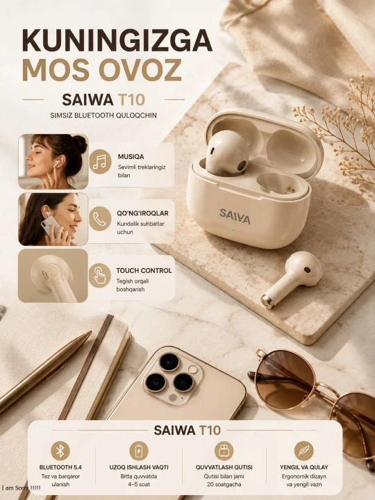 SAIWA T10 T08 беспроводные Bluetooth наушники, Deep Bass, Touch Control, HD-звонки