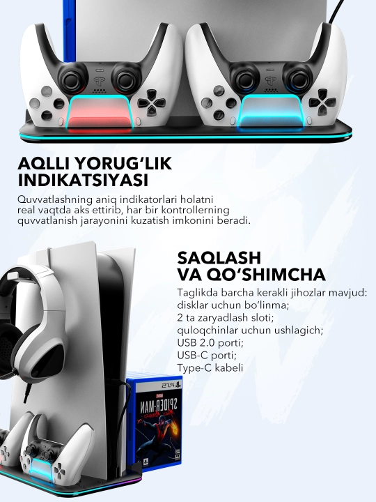 PlayStation 5 sovutgich tagligi, joystiklar uchun o‘rnatilgan quvvatlash moslamasi