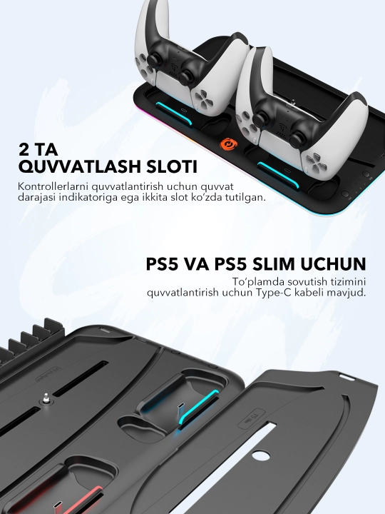 PlayStation 5 sovutgich tagligi, joystiklar uchun o‘rnatilgan quvvatlash moslamasi