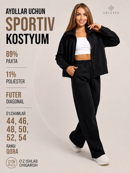 Ayollar sport kostyumi, ikki qismli, kapyushonli, zamokli huddi