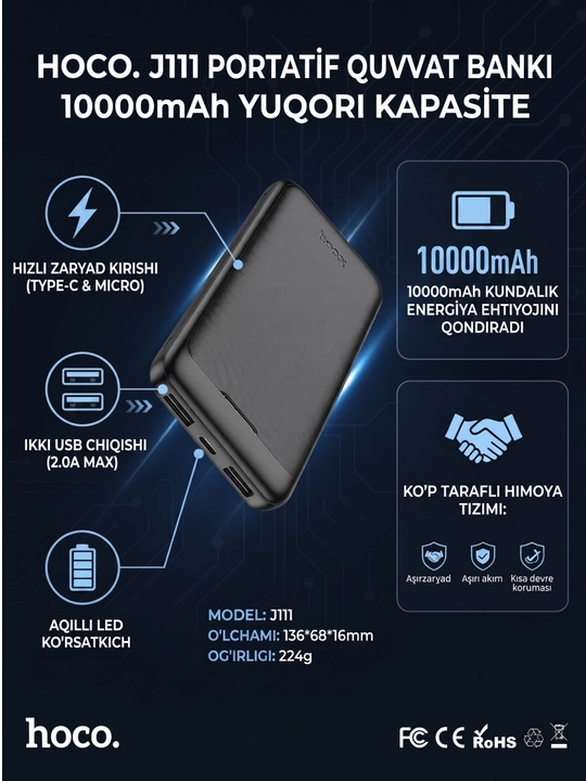 Tashqi quvvat manbai Power Bank Hoco J111 (10000 mAh ) - 