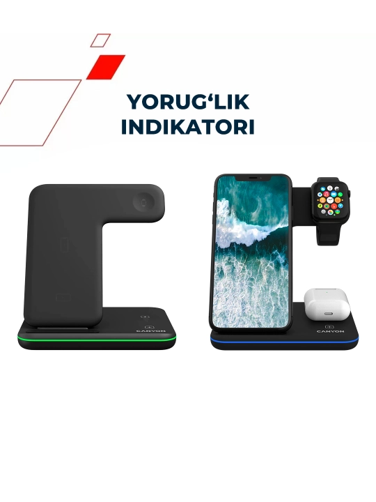 Telefon, quloqlik va soat uchun 3 tasi 1 da simsiz quvvatlash stansiyasi