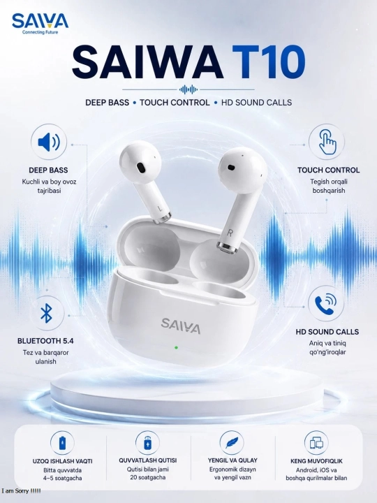 SAIWA T10 T08 беспроводные Bluetooth наушники, Deep Bass, Touch Control, HD-звонки
