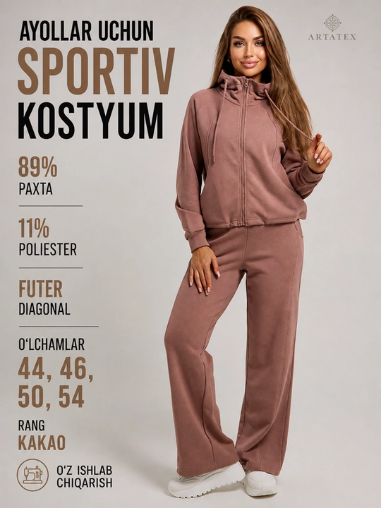 Ayollar sport kostyumi, ikki qismli, kapyushonli, zamokli huddi