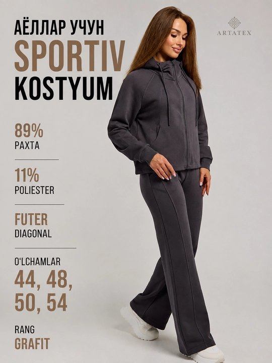 Ayollar sport kostyumi, ikki qismli, kapyushonli, zamokli huddi