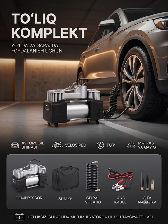 Ikki silindrli va bir silindrli avtomobil kompressori,85 l, Avtomobil nasosi, manometrli