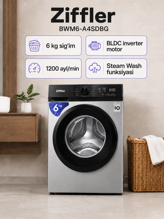 Ziffler BWMC-6J2W kir yuvish mashinasi 6 kg, BLDC Inverter, Steam Wash, 1200 ayl/min - 