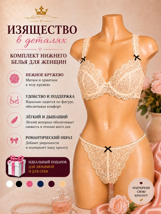 Бюстгальтер и трусики женские, комплект гипюрового белья, 70-90 - 