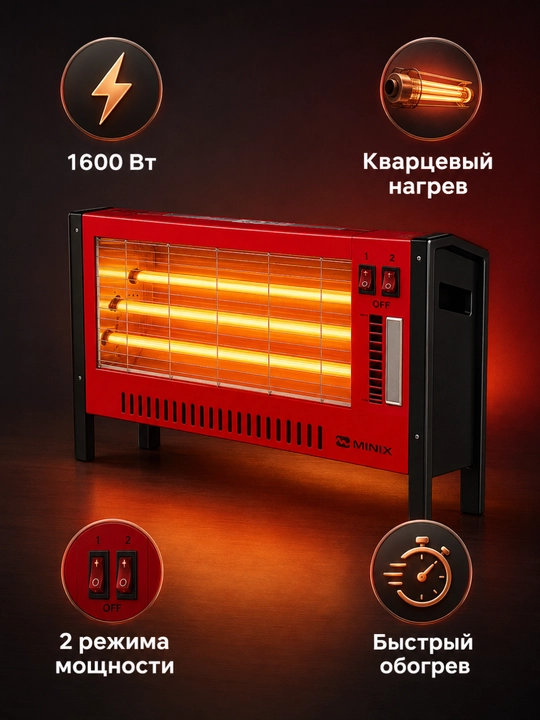 Обогреватель MINIX, кварцевый, 4 нагревательных элемента, 2 режима, красный