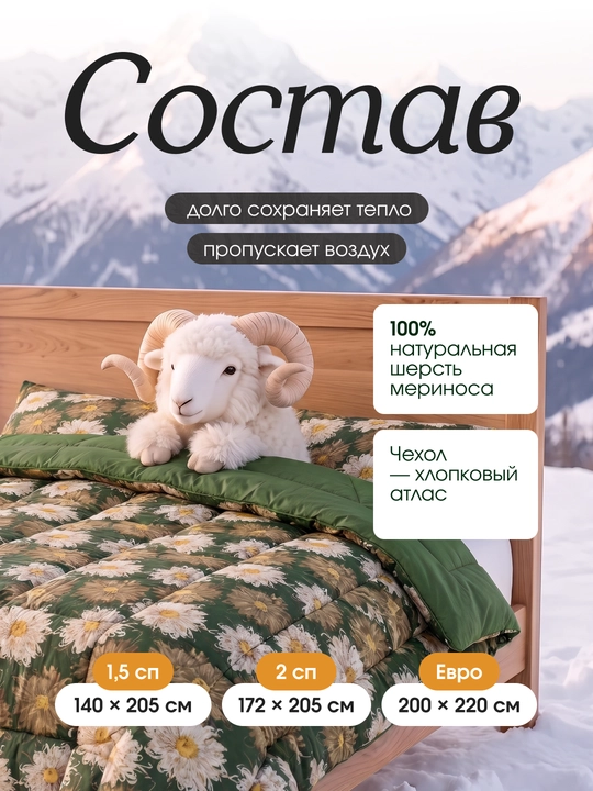 Одеяло атласное, шерстяное Sleep&Beyond всесезонное, из 100% шерсти мериноса, органик