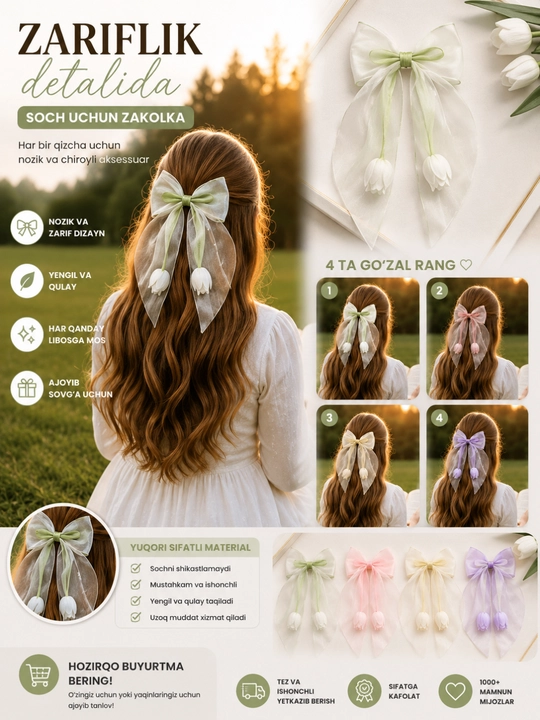 Qizlar uchun moviy bant, tulipli soch bog'ichi, organza bant, katta bant - 
