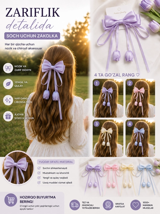 Qizlar uchun moviy bant, tulipli soch bog'ichi, organza bant, katta bant - 