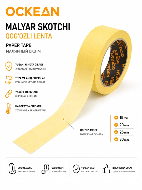 OCKEAN Malyar scotch, qog’ozli malyar lenta (15 / 20 / 25 / 30 mm)