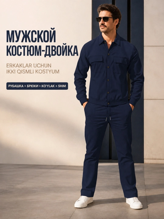 Мужской костюм-двойка, фактурная рубашка-куртка и брюки, S–XXXL, чёрный и синий, комплект - 