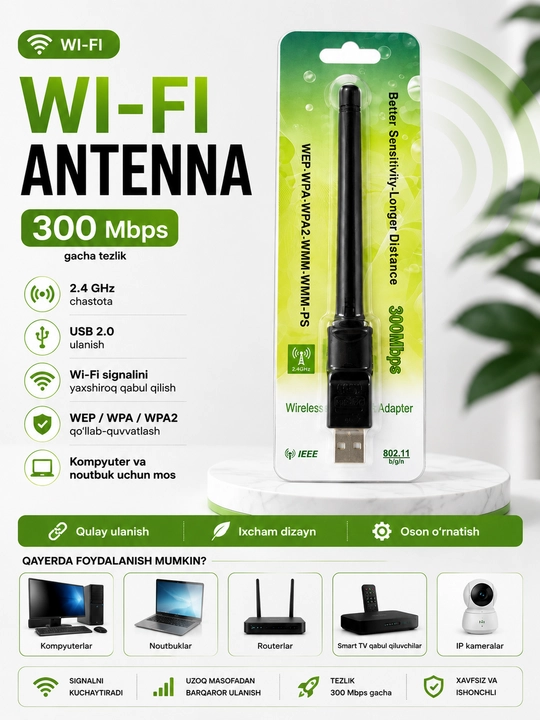 USB WiFi адаптер с антенной, высокая скорость и стабильный сигнал