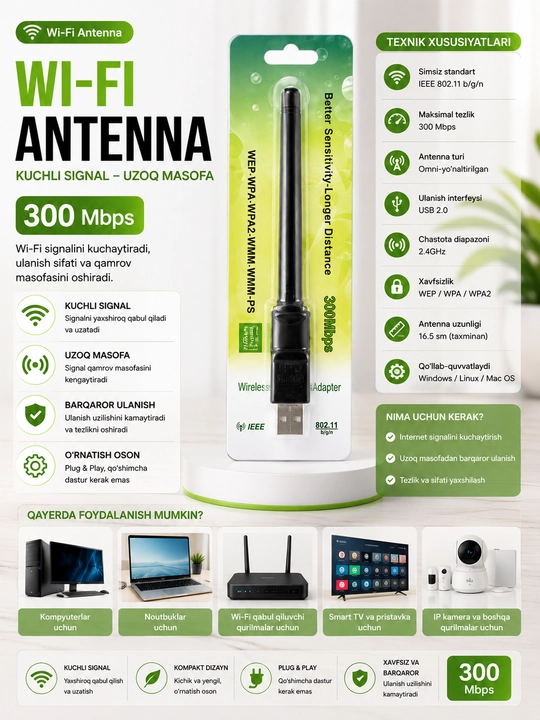 USB WiFi adapter antenna bilan, yuqori tezlik, kuchli signal - 