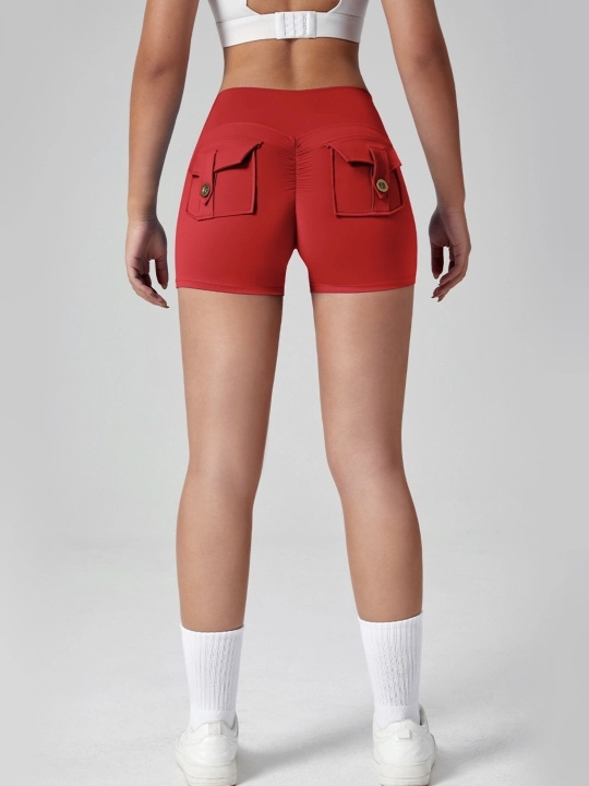 Ayollar sport shortigi, sport uchun, cho‘ntakli, push-up effekti bilan, tortuvchi