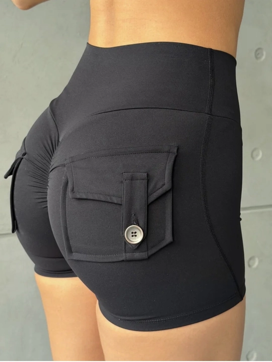 Ayollar sport shortigi, sport uchun, cho‘ntakli, push-up effekti bilan, tortuvchi