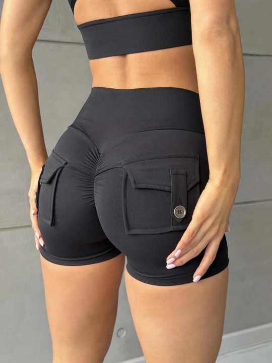 Ayollar sport shortigi, sport uchun, cho‘ntakli, push-up effekti bilan, tortuvchi