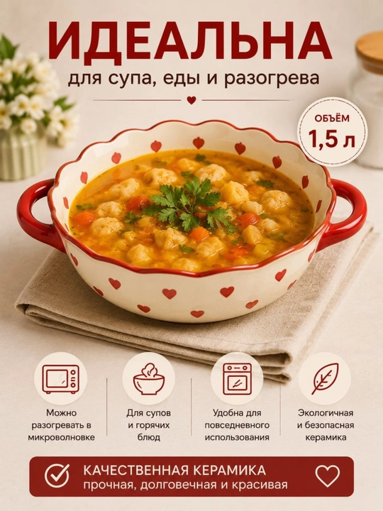 Керамическая форма с ручками, 1,5 л — для супа, салатов и различных блюд