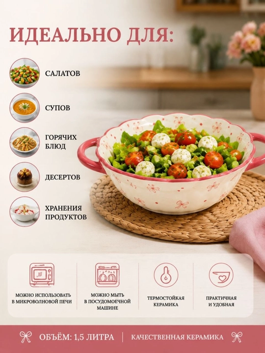 Керамическая форма с ручками, 1,5 л — для супа, салатов и различных блюд