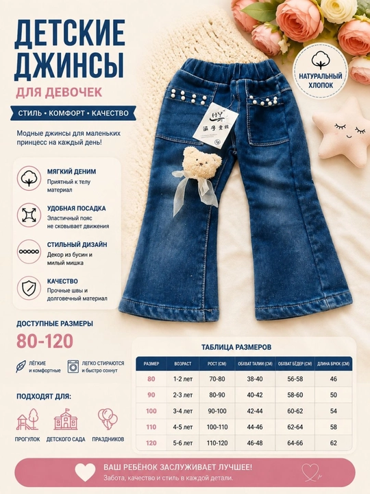 Детские джинсы для девочки с мишкой, размеры 80–110