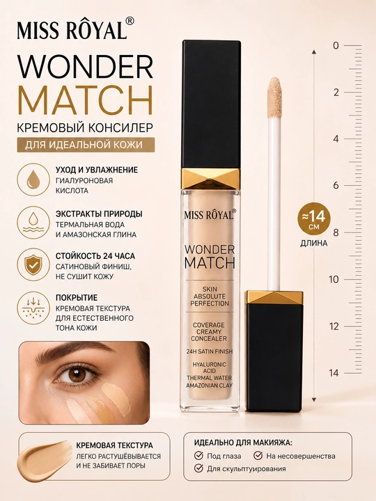 Консилер MISS ROYAL Wonder Match, кремовый, для лица, сатиновый финиш, с гиалуроновой 24ч - 