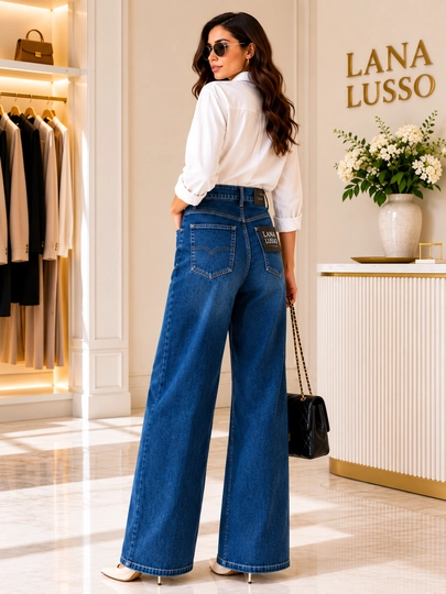 Ayollar uchun Wide Leg jinsi, yuqori belli, ko‘k rang, Turkiya