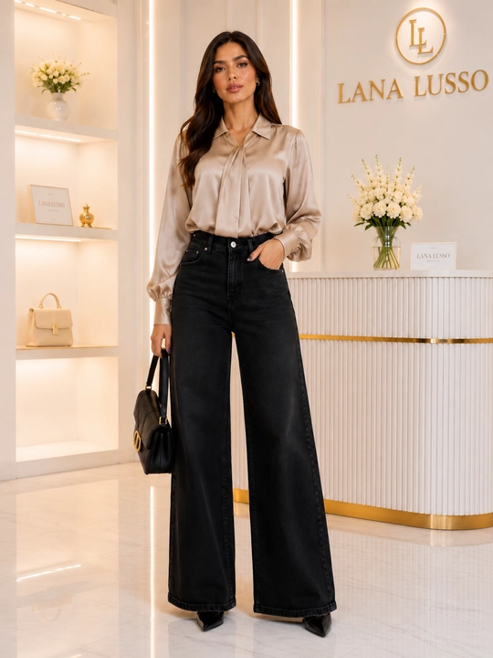 Ayollar uchun Wide Leg jinsi, yuqori belli, ko‘k rang, Turkiya - 