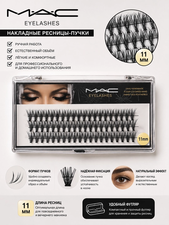 Накладные ресницы MAC Eyelashes, пучки 11 мм, чёрные, ручная работа, для макияжа глаз набор - 