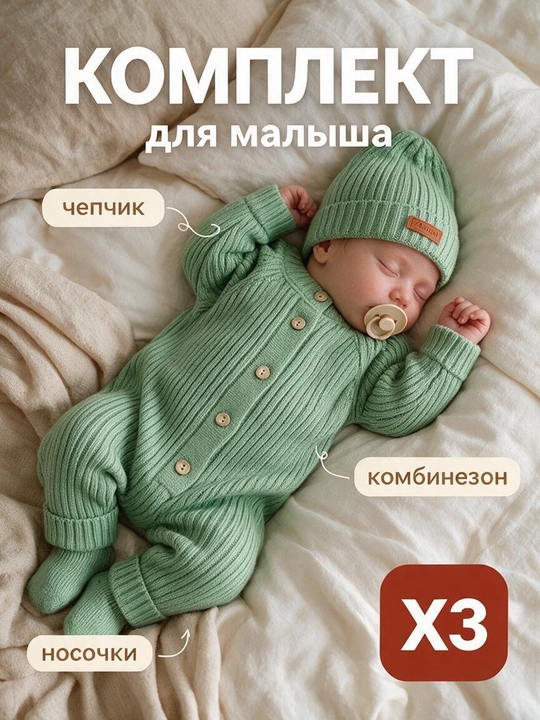 Комбинезон, шапка, носочки, для новорожденных от 6-9 месяцев, осень и зима - 