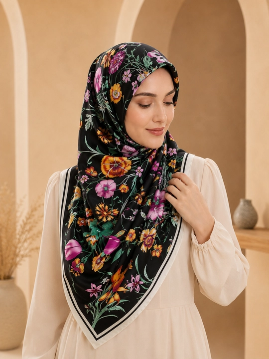Ayollar uchun atlas ro‘mol 130x130 sm, katta kvadrat bosh ro‘mol, hijob uchun gulli ro‘mol