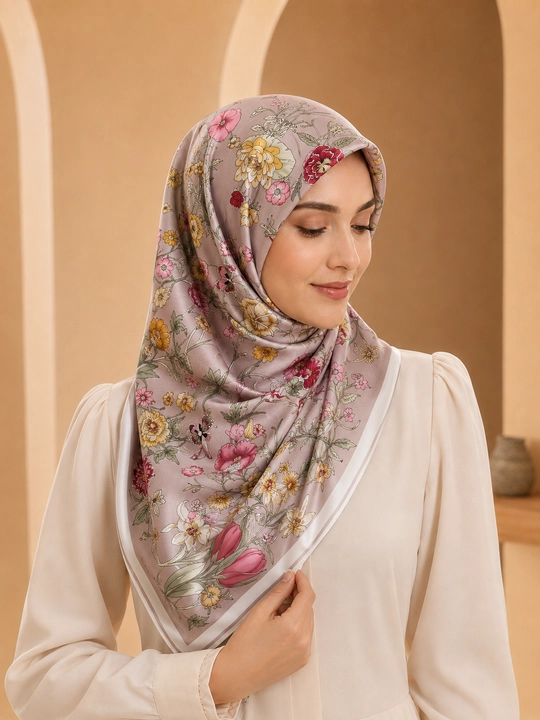 Ayollar uchun atlas ro‘mol 130x130 sm, katta kvadrat bosh ro‘mol, hijob uchun gulli ro‘mol
