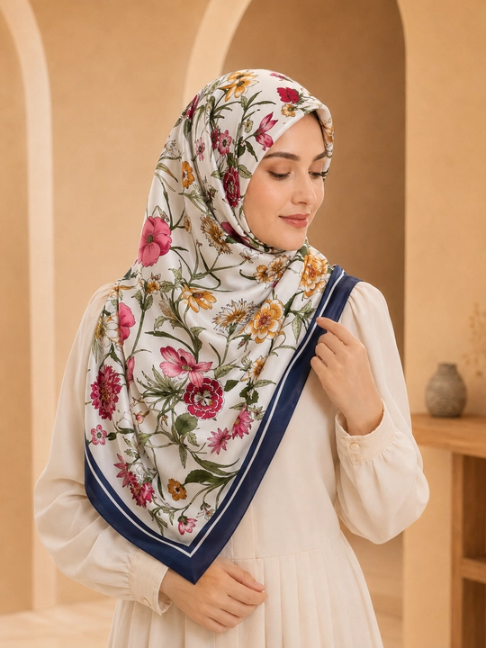 Ayollar uchun atlas ro‘mol 130x130 sm, katta kvadrat bosh ro‘mol, hijob uchun gulli ro‘mol
