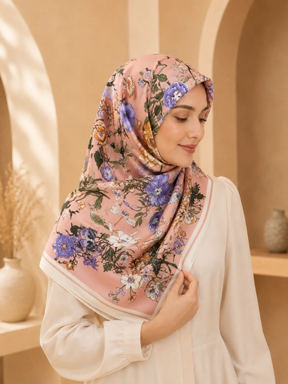 Ayollar uchun atlas ro‘mol 130x130 sm, katta kvadrat bosh ro‘mol, hijob uchun gulli ro‘mol