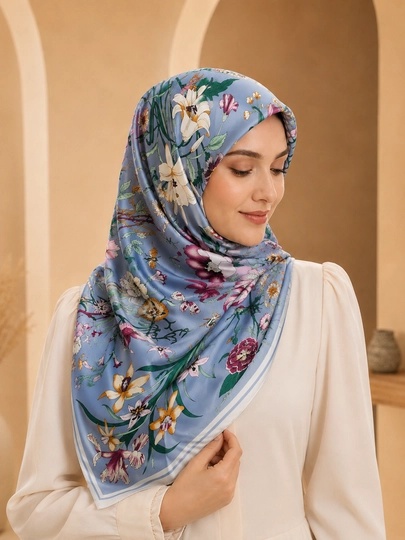 Ayollar uchun atlas ro‘mol 130x130 sm, katta kvadrat bosh ro‘mol, hijob uchun gulli ro‘mol